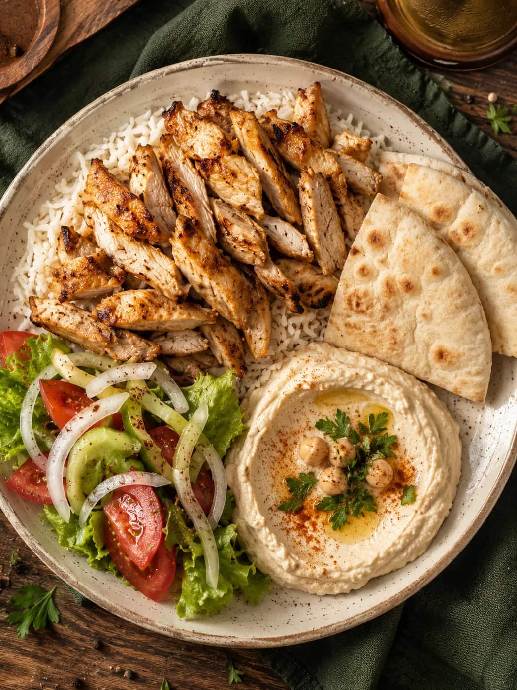 Chicken shawarma over rice with hummus, salad, and pita
