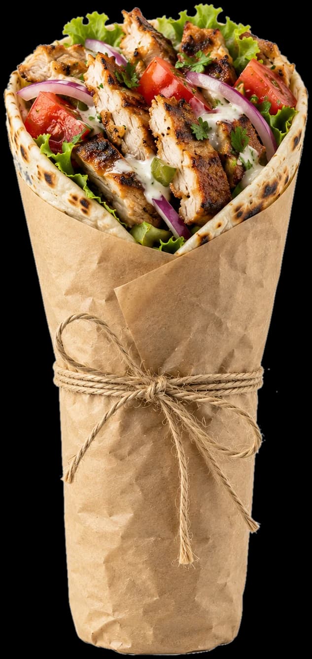 A hand-rolled chicken shawarma wrap tied with twine